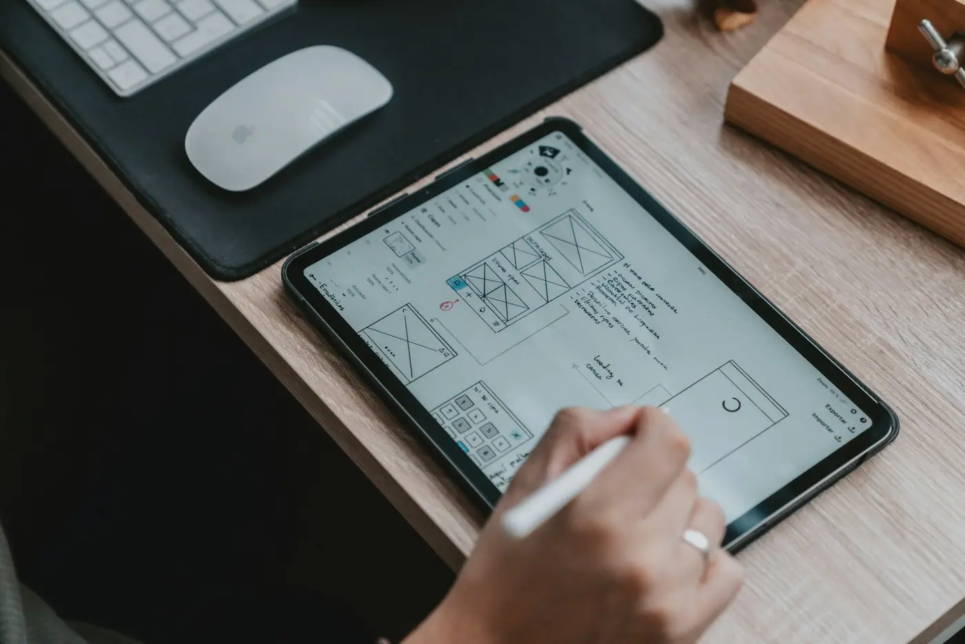 Diseñador trabajando en el wireframe de un sitio web en una tablet